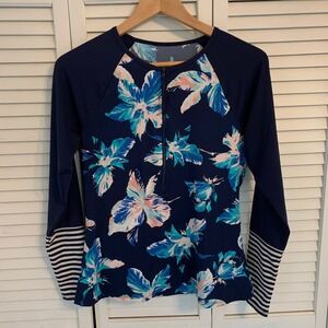 Carve Designs Kona Rashguard Navy Floral Long Sleeve Swim Shirt 1/2 Zip Womens M